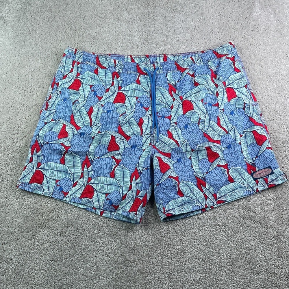 Vineyard Vines Swim Trunks Mens 2XL Blue Red Printed Chappy Tropical Shorts